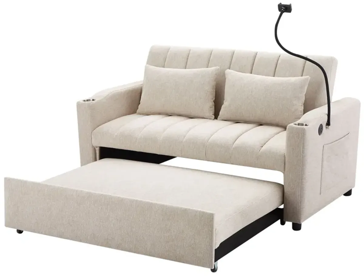 Convertible Sofa Bed Loveseat Sofa With Three USB Ports, Two Side Pockets, Two Cup Holders And 360° swivel Phone Holder For Living Room