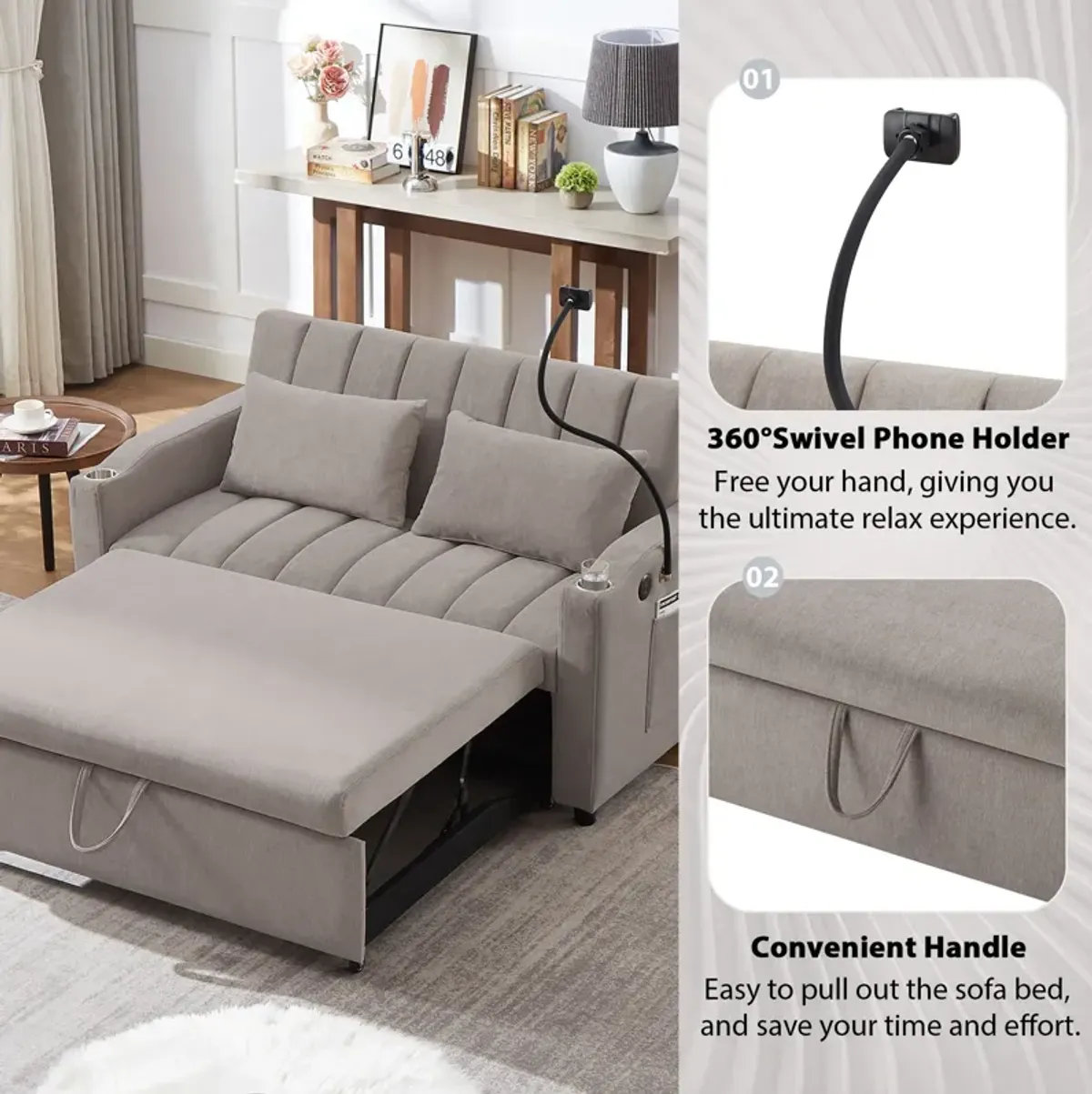 Convertible Sofa Bed Loveseat Sofa With Three USB Ports, Two Side Pockets, Two Cup Holders And 360° swivel Phone Holder For Living Room