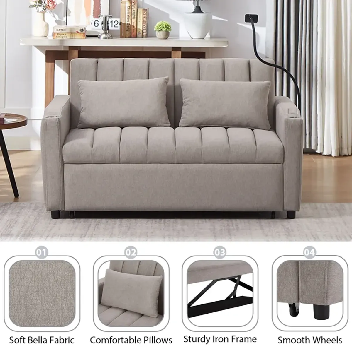 Convertible Sofa Bed Loveseat Sofa With Three USB Ports, Two Side Pockets, Two Cup Holders And 360° swivel Phone Holder For Living Room