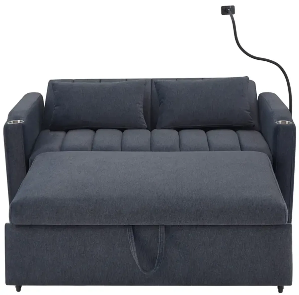 Convertible Sofa Bed Loveseat Sofa With Three USB Ports, Two Side Pockets, Two Cup Holders And 360° swivel Phone Holder For Living Room