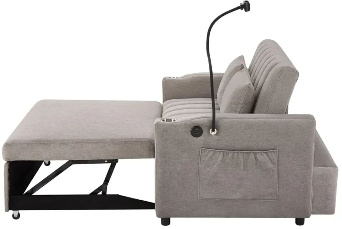 Convertible Sofa Bed Loveseat Sofa With Three USB Ports, Two Side Pockets, Two Cup Holders And 360° swivel Phone Holder For Living Room