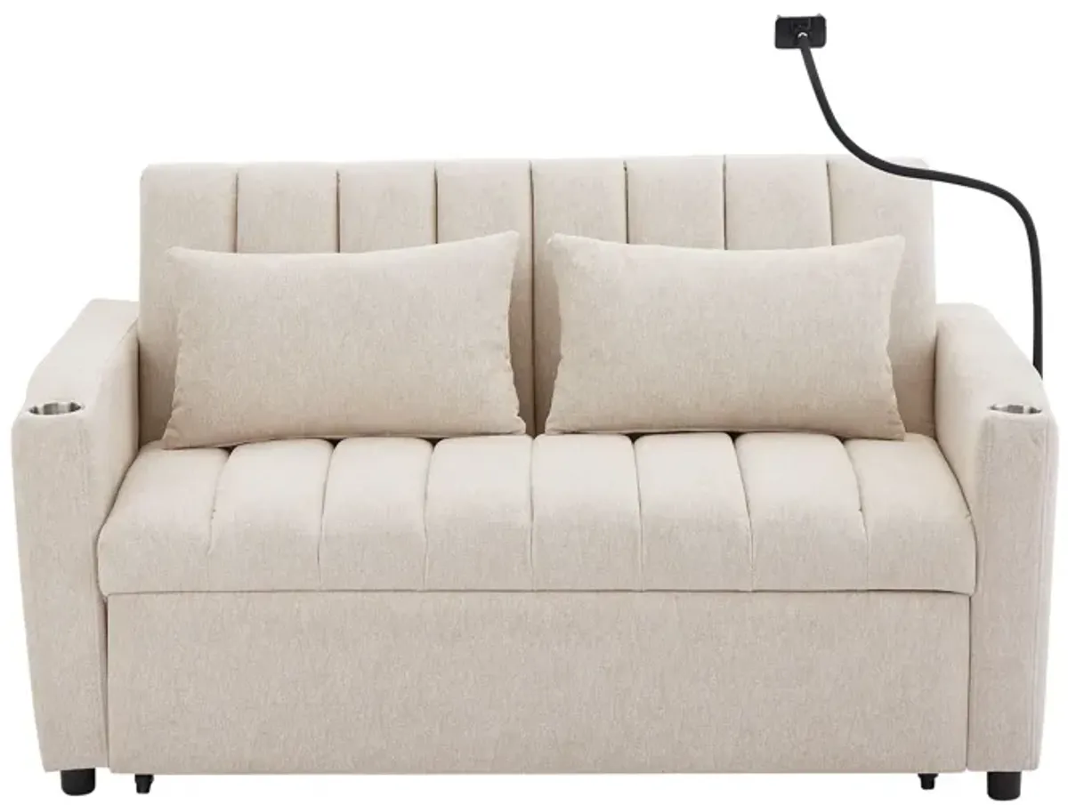 Convertible Sofa Bed Loveseat Sofa With Three USB Ports, Two Side Pockets, Two Cup Holders And 360° swivel Phone Holder For Living Room