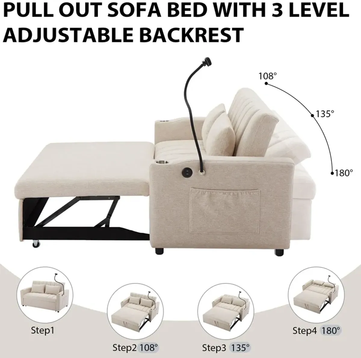 Convertible Sofa Bed Loveseat Sofa With Three USB Ports, Two Side Pockets, Two Cup Holders And 360° swivel Phone Holder For Living Room