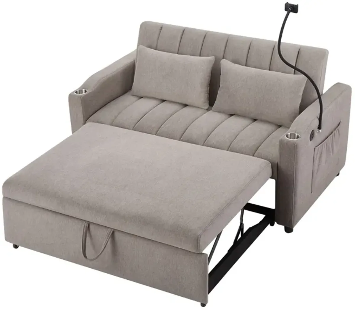 Convertible Sofa Bed Loveseat Sofa With Three USB Ports, Two Side Pockets, Two Cup Holders And 360° swivel Phone Holder For Living Room