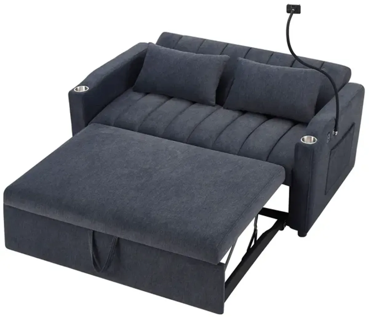 Convertible Sofa Bed Loveseat Sofa With Three USB Ports, Two Side Pockets, Two Cup Holders And 360° swivel Phone Holder For Living Room