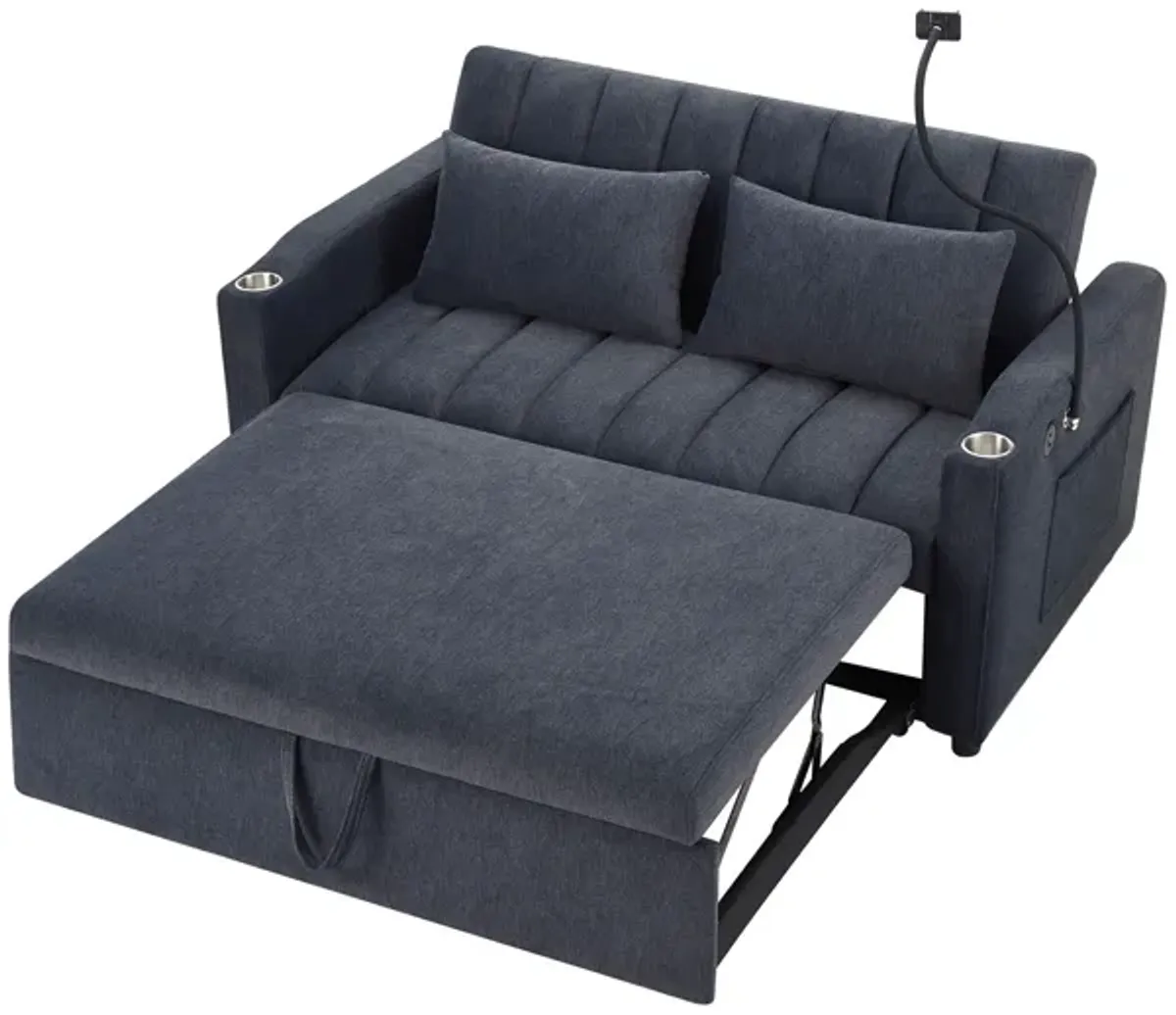 Convertible Sofa Bed Loveseat Sofa With Three USB Ports, Two Side Pockets, Two Cup Holders And 360° swivel Phone Holder For Living Room