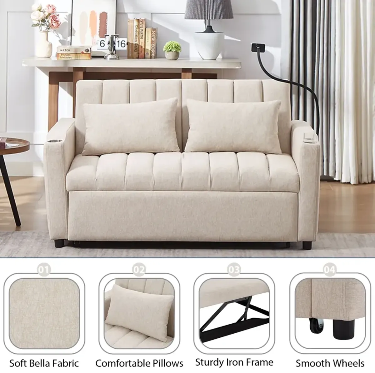 Convertible Sofa Bed Loveseat Sofa With Three USB Ports, Two Side Pockets, Two Cup Holders And 360° swivel Phone Holder For Living Room