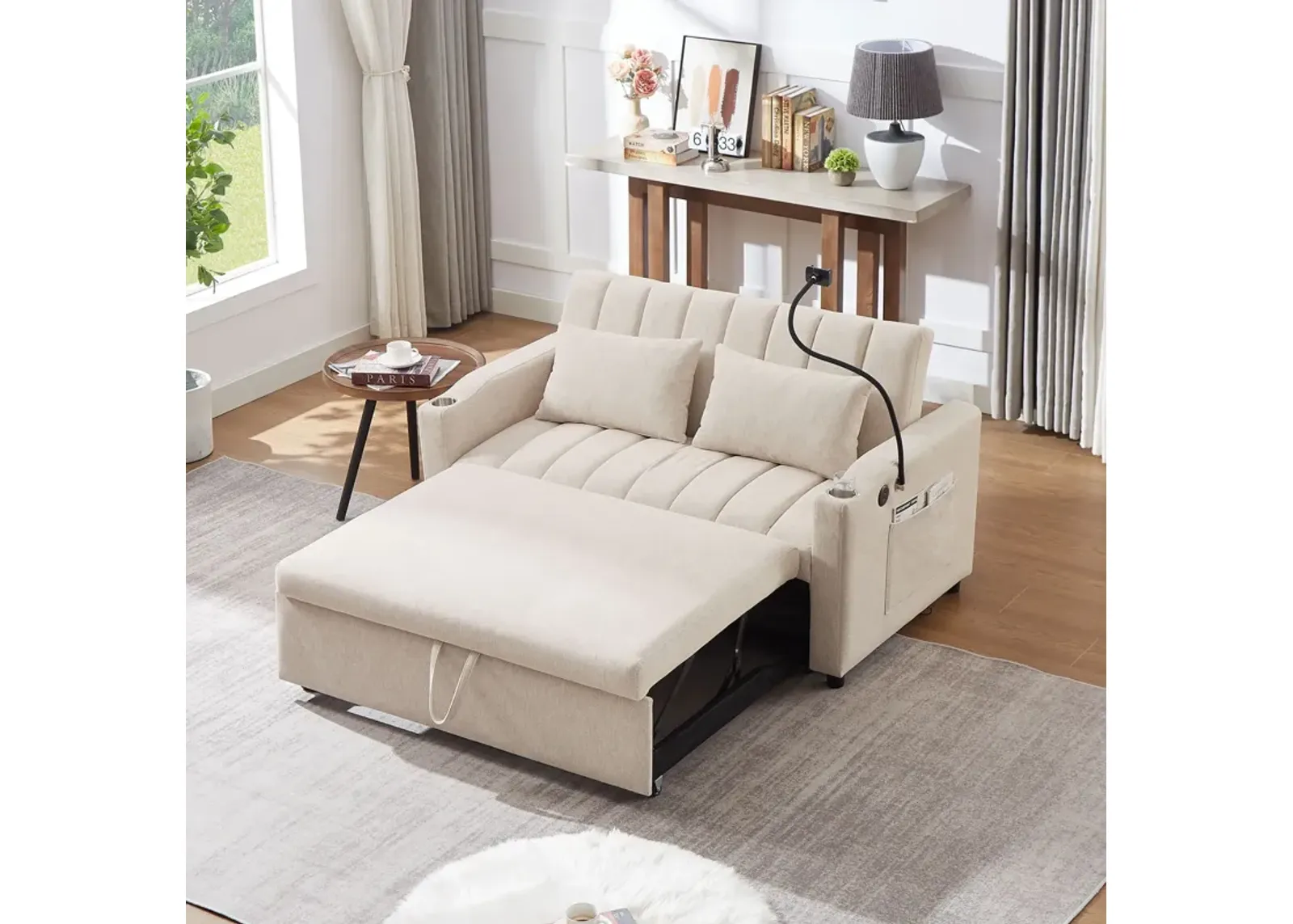 Convertible Sofa Bed Loveseat Sofa With Three USB Ports, Two Side Pockets, Two Cup Holders And 360° swivel Phone Holder For Living Room