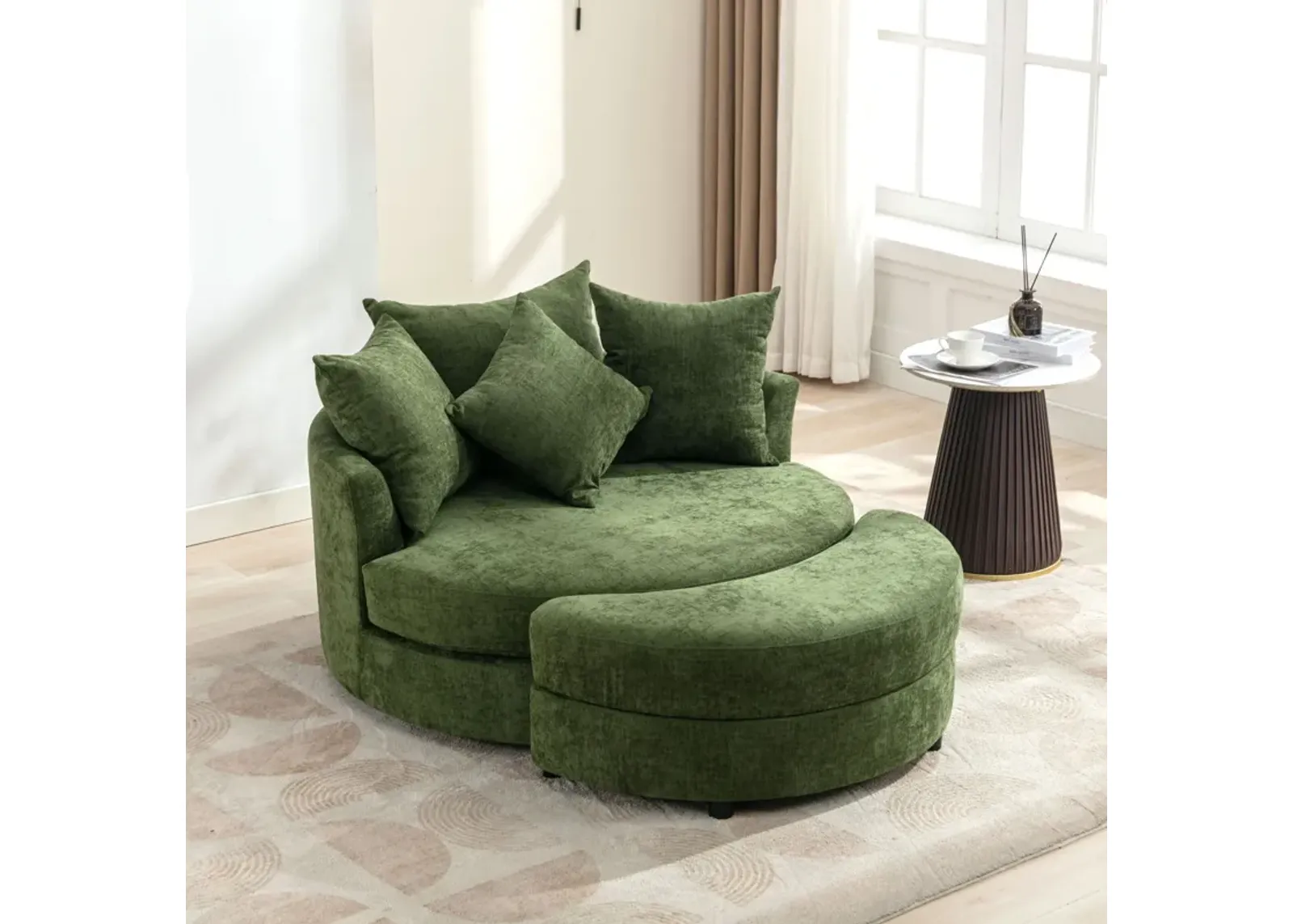 360° Swivel Accent Barrel Chair With Storage Ottoman & 4 Pillows, Modern Chenille Leisure Chair Round Accent For Living Room