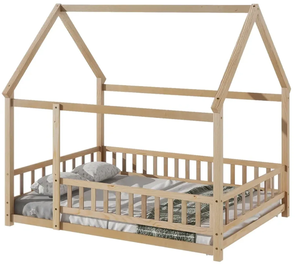 Floor Wooden Bed With House Roof Frame, Fence Guardrails