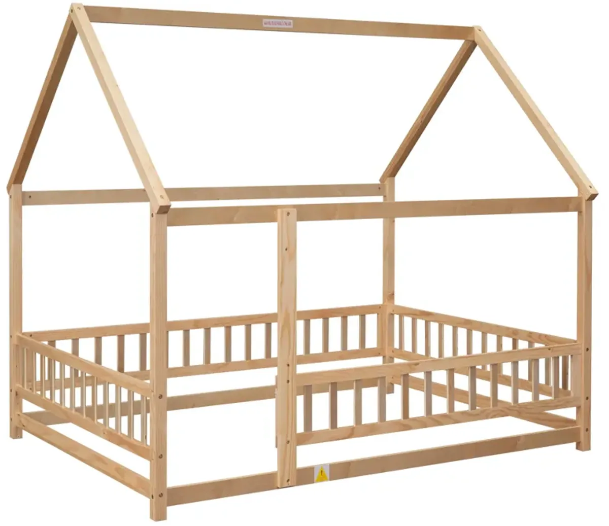 Floor Wooden Bed With House Roof Frame, Fence Guardrails