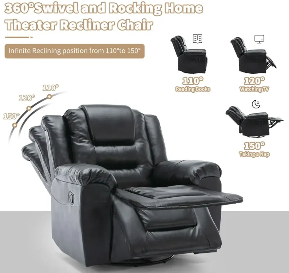 360° Swivel And Rocking Home Theater Recliner Manual Recliner Chair With Wide Armrest For Living Room