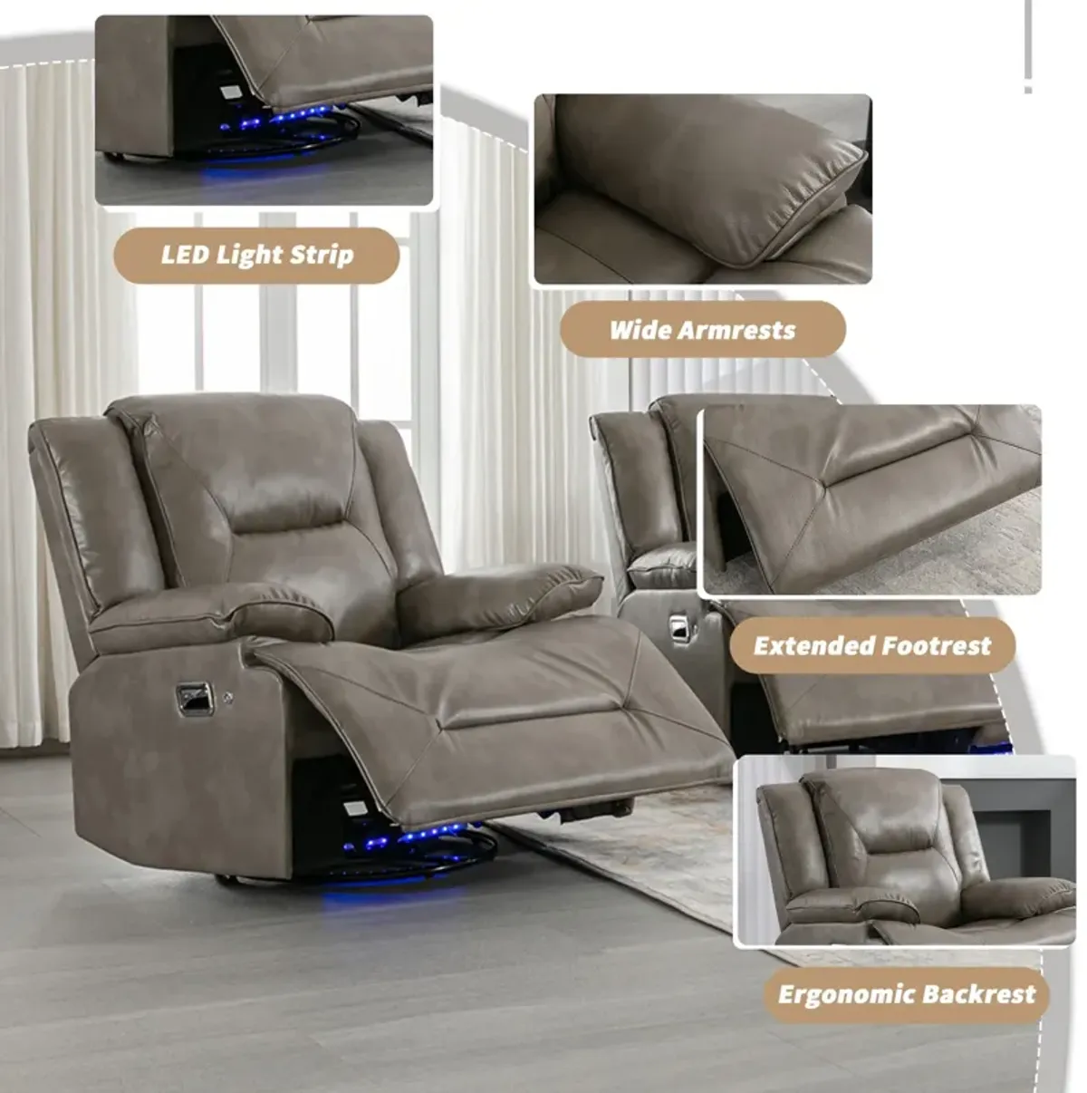 360° Swivel And Rocking Home Theater Recliner Manual Recliner Chair With A Led Light Strip For Living Room