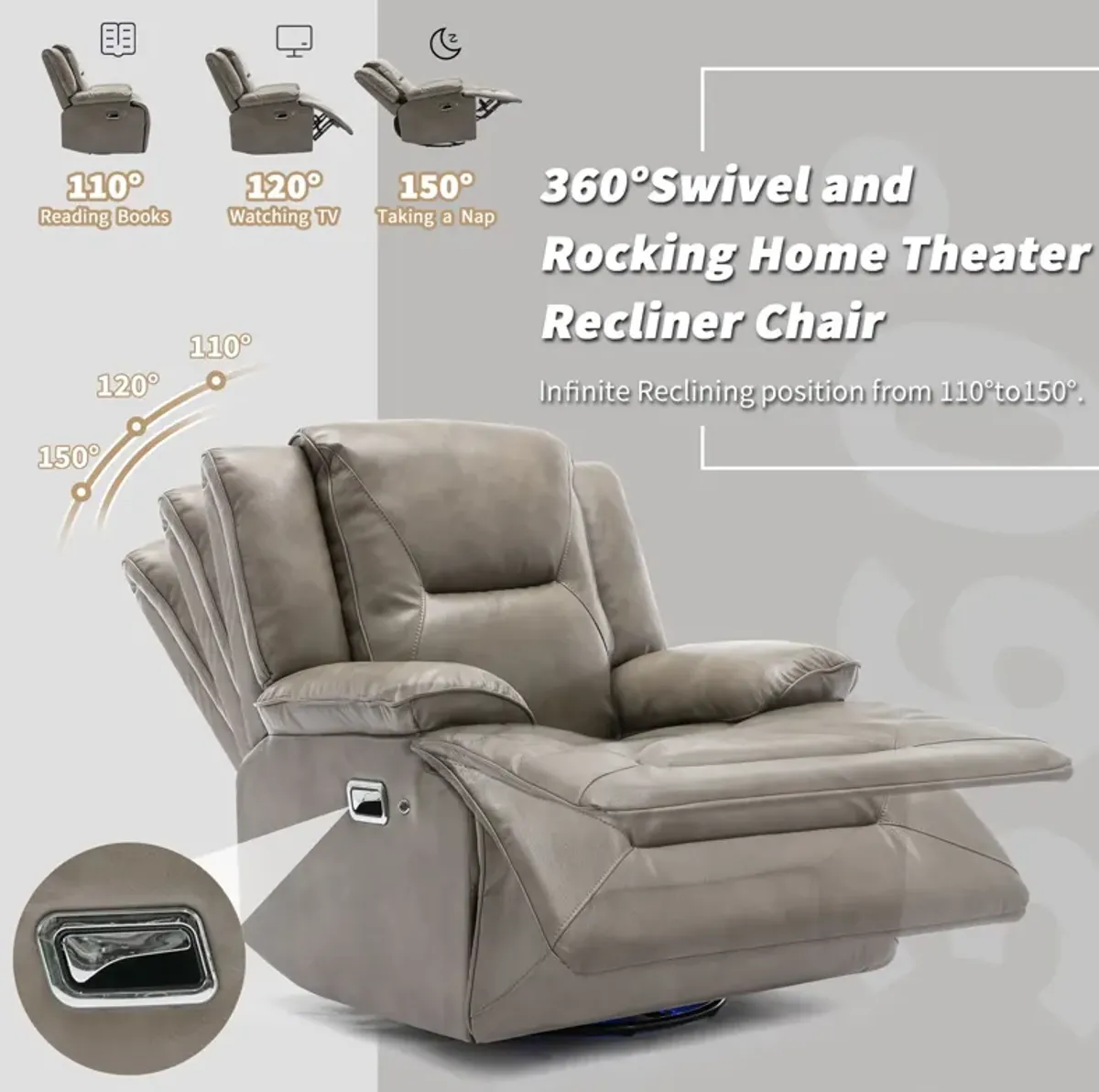 360° Swivel And Rocking Home Theater Recliner Manual Recliner Chair With A Led Light Strip For Living Room