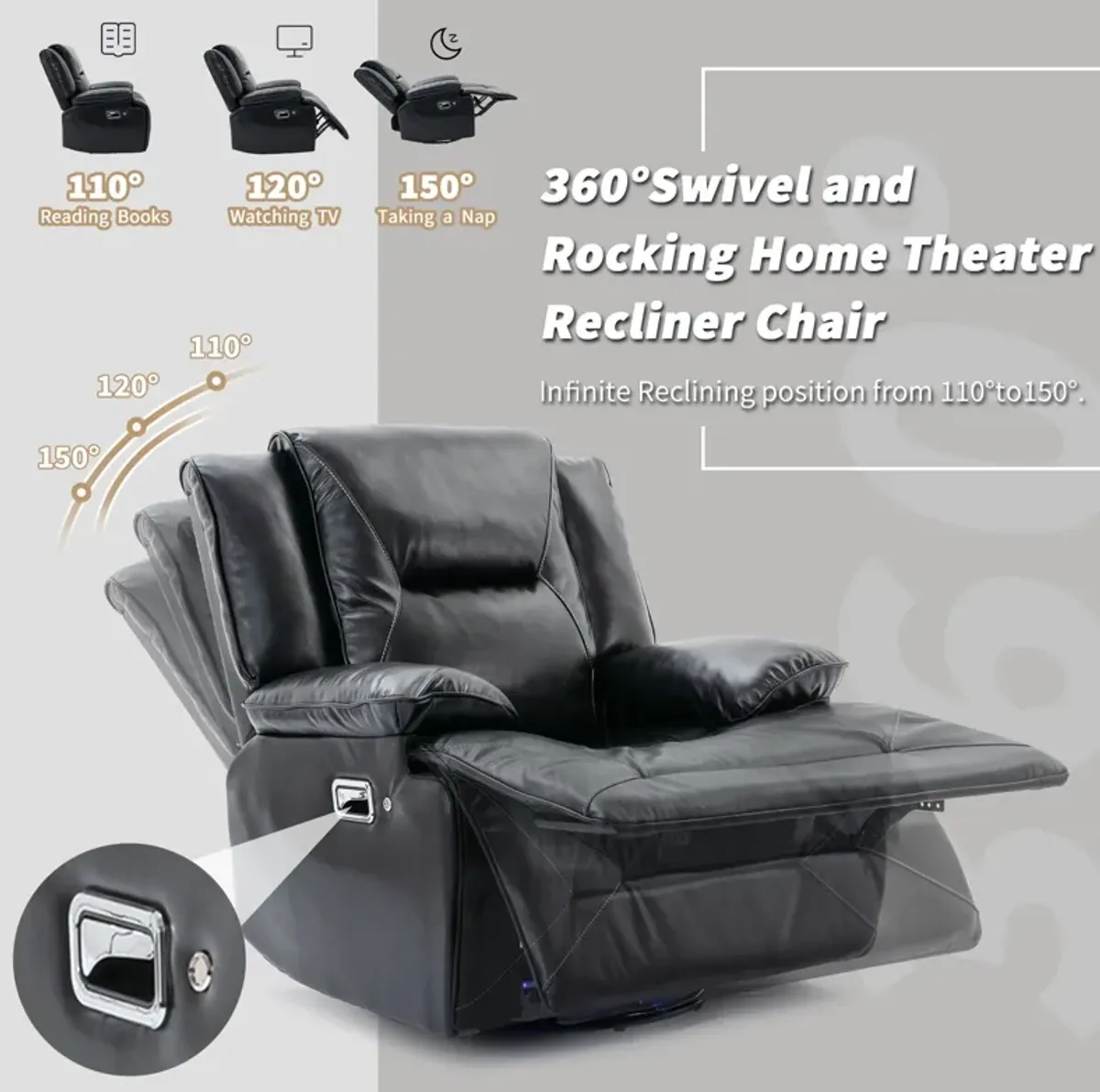 360° Swivel And Rocking Home Theater Recliner Manual Recliner Chair With A Led Light Strip For Living Room