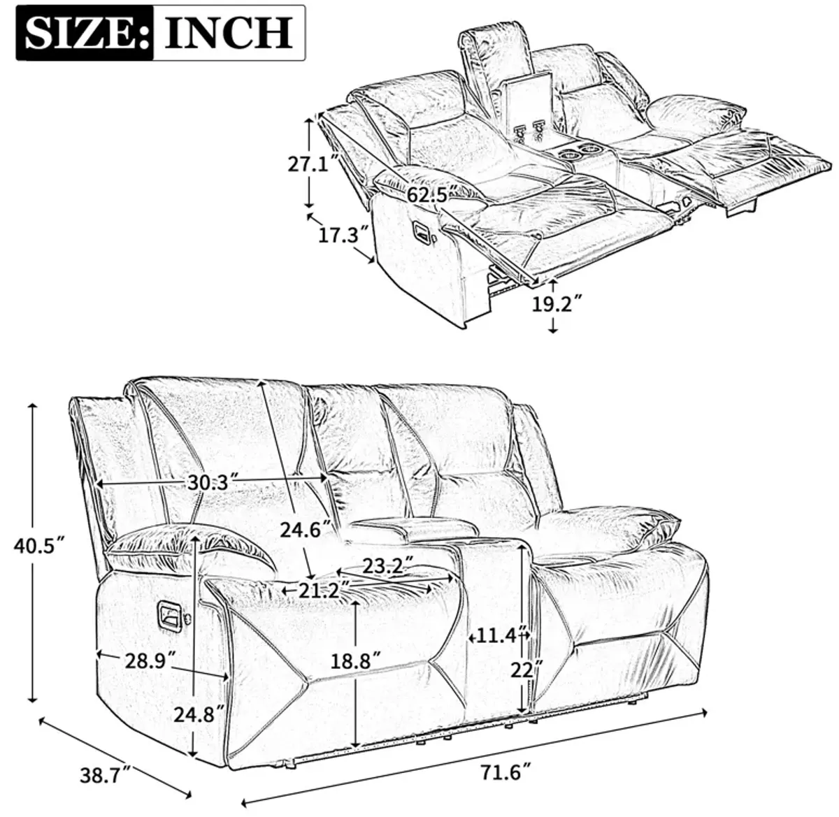 2 Seater Home Theater Recliner Manual Recliner Chair With A Led Light Strip Two Cup Holders And A Storage Box For Living Room