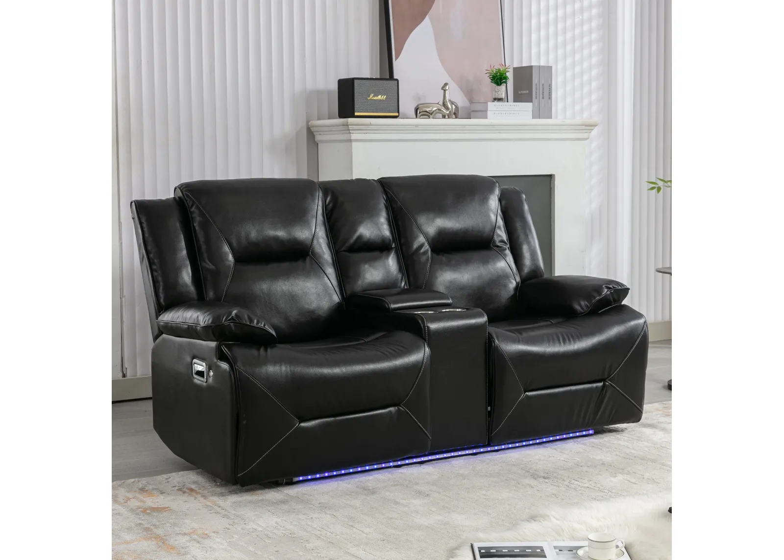 2 Seater Home Theater Recliner Manual Recliner Chair With A Led Light Strip Two Cup Holders And A Storage Box For Living Room