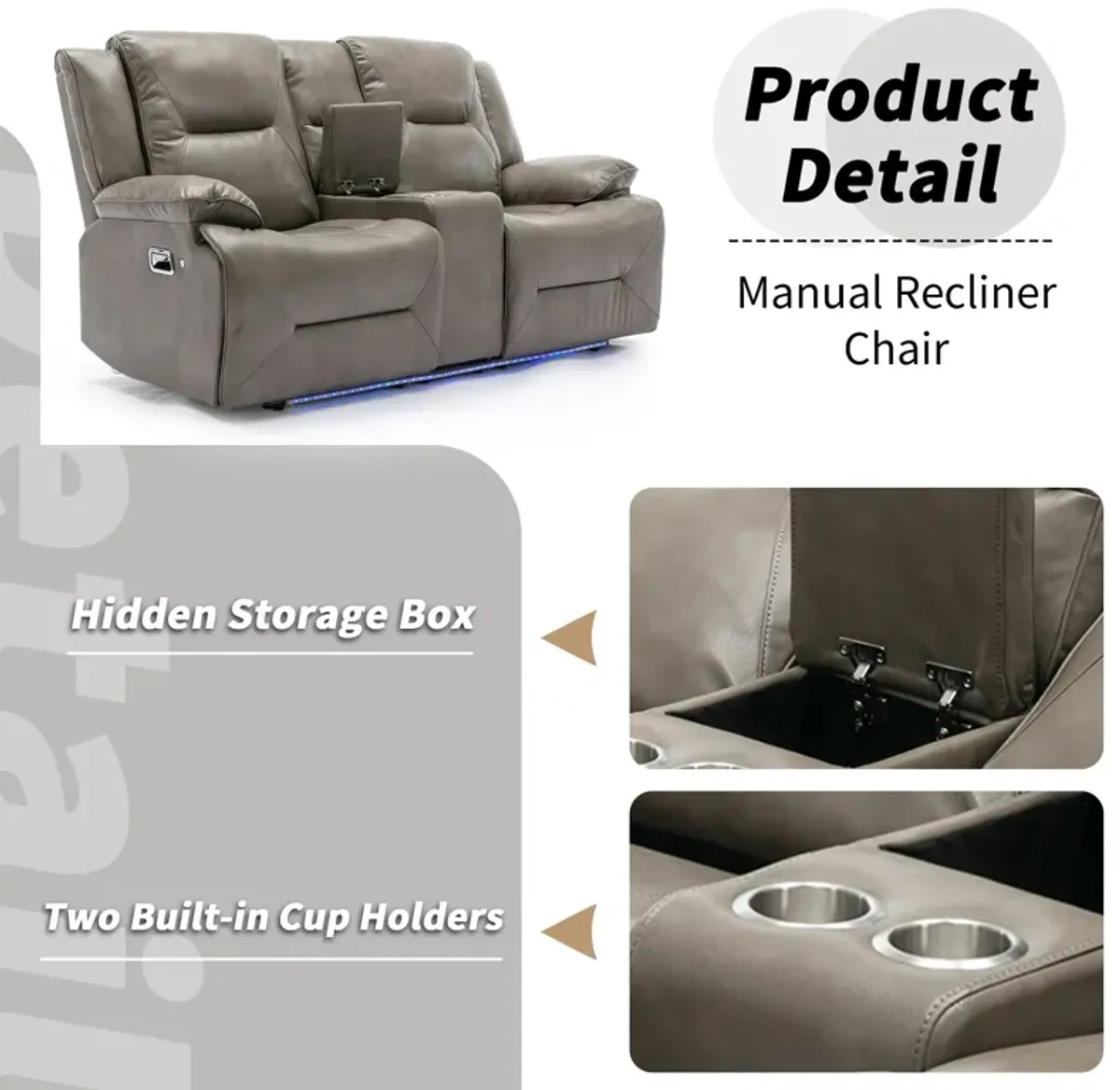 2 Seater Home Theater Recliner Manual Recliner Chair With A Led Light Strip Two Cup Holders And A Storage Box For Living Room