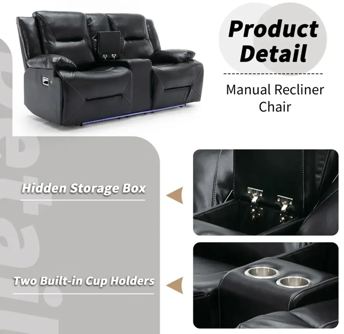 2 Seater Home Theater Recliner Manual Recliner Chair With A Led Light Strip Two Cup Holders And A Storage Box For Living Room