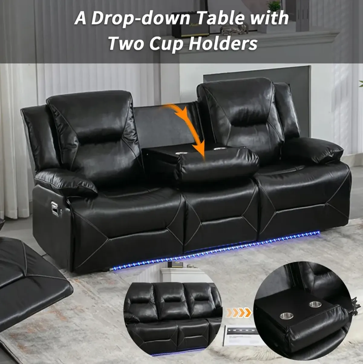 3 Seater Home Theater Recliner Manual Recliner Chair With A Led Light Strip Two Built-In Cup Holders For Living Room