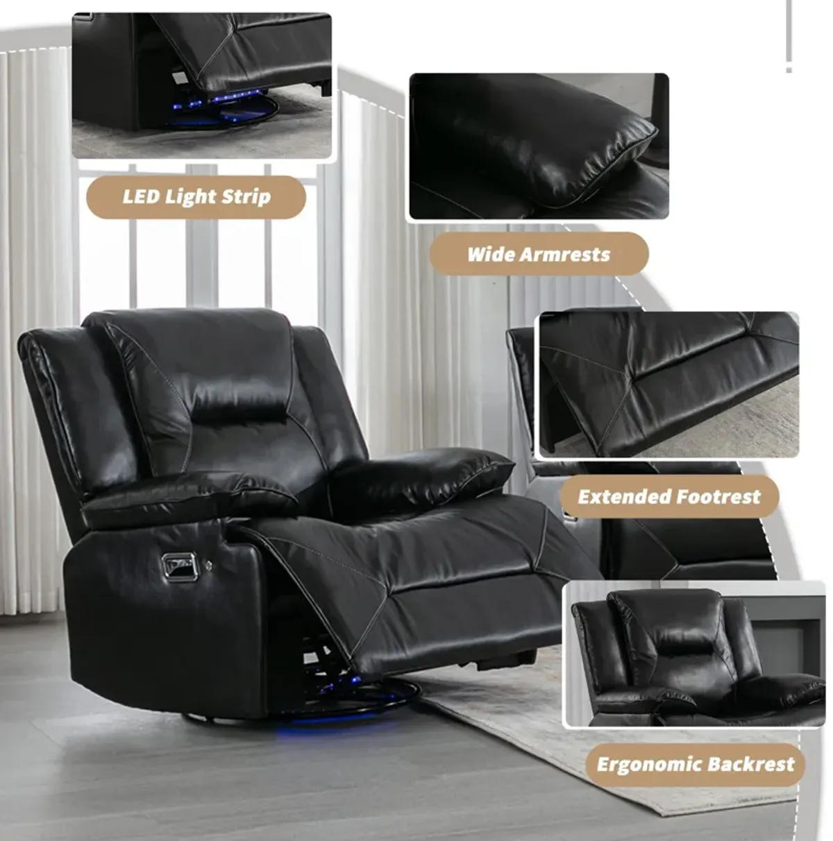 3 Seater Home Theater Recliner Manual Recliner Chair With A Led Light Strip Two Built-In Cup Holders For Living Room