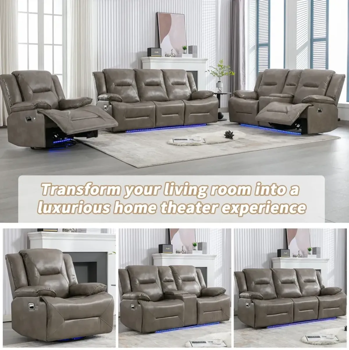 3 Seater Home Theater Recliner Manual Recliner Chair With A Led Light Strip Two Built-In Cup Holders For Living Room