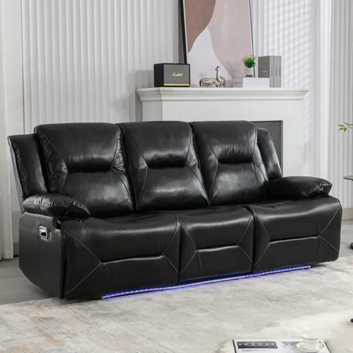 3 Seater Home Theater Recliner Manual Recliner Chair With A Led Light Strip Two Built-In Cup Holders For Living Room