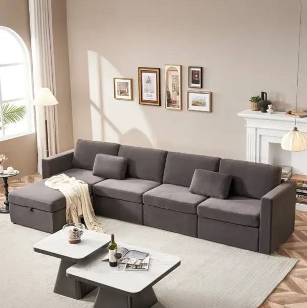 Modern Velvet Modular Sectional Sofa, Convertible Sofa Set With Pillows, Oversized Sectional Couches With Storage Ottomans For Living Room, Loft, Apartment, Office