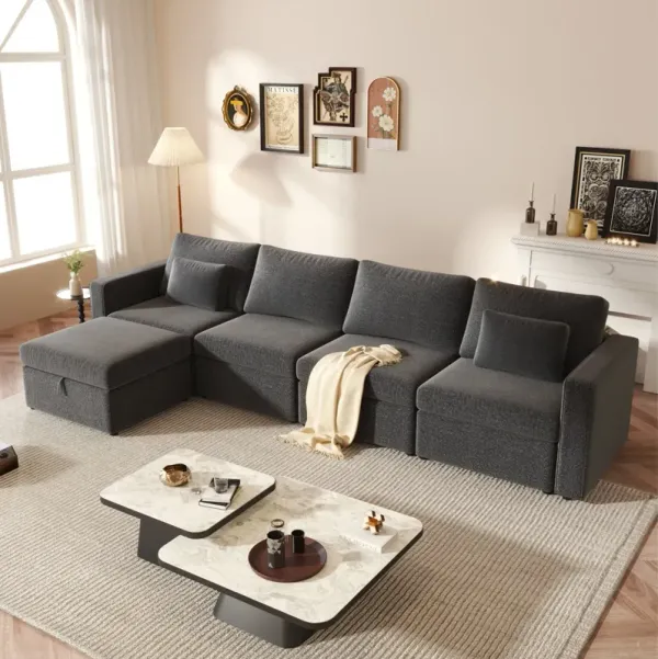Modern Cotton Linen Modular Sectional Sofa, L Shape Convertible Sofa Set With Pillows, Oversized Sectional Couches With Storage Ottomans For Living Room, Loft, Apartment, Office 5 Seats