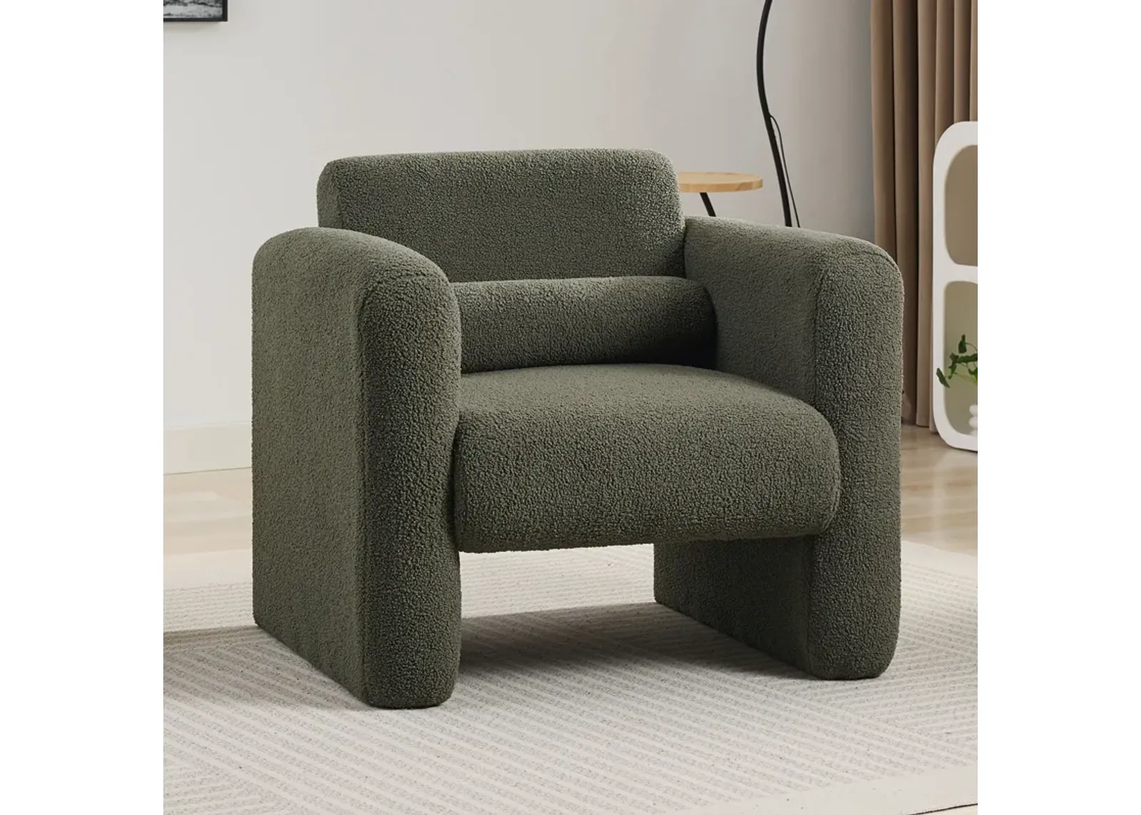 Modern Accent Chair Lambskin Sherpa Upholstered Comfy Reading Arm Chair Soft Padded Armchair With Back And Pillow For Living Room - Seaweed Green