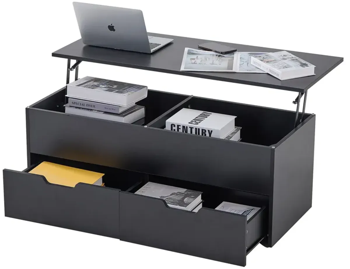 Lift-Top Coffee Table With Storage Center Tables Hidden Compartment & 2 Drawers, Sofa Table For Living Room - Black