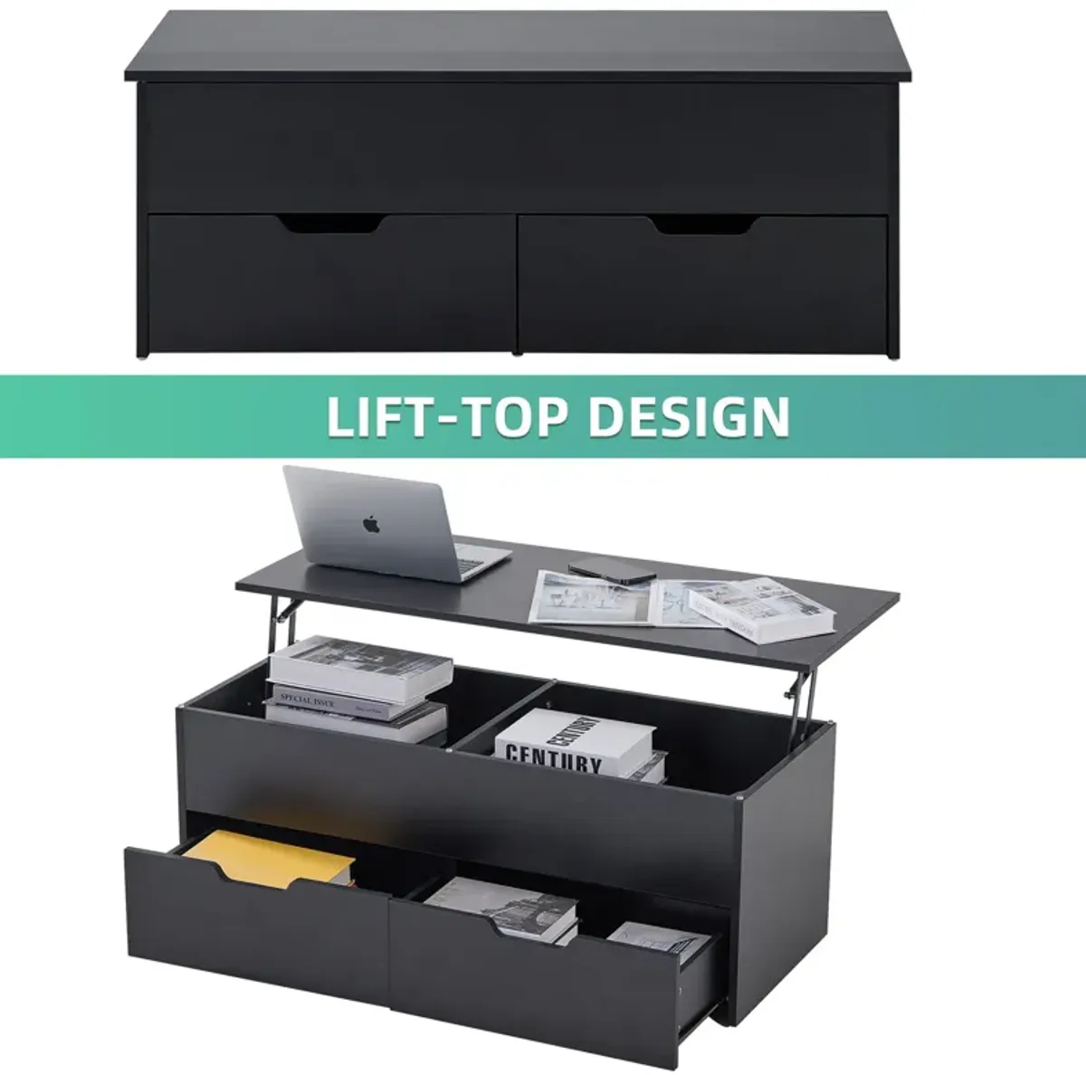 Lift-Top Coffee Table With Storage Center Tables Hidden Compartment & 2 Drawers, Sofa Table For Living Room - Black