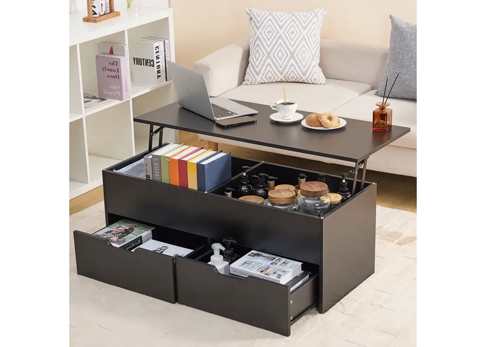 Lift-Top Coffee Table With Storage Center Tables Hidden Compartment & 2 Drawers, Sofa Table For Living Room - Black