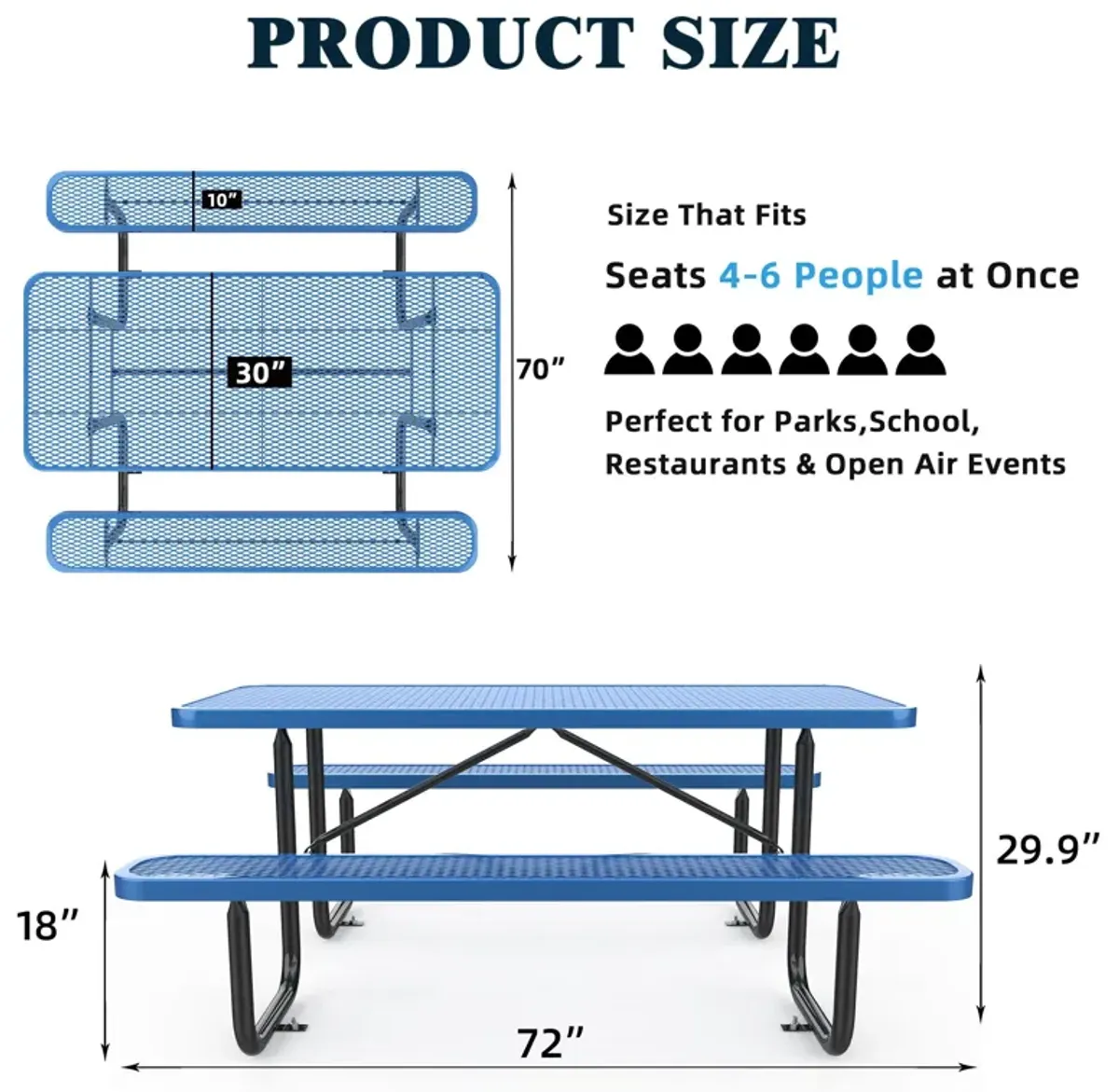 Expanded Rectangular Picnic Table - Blue - Metal