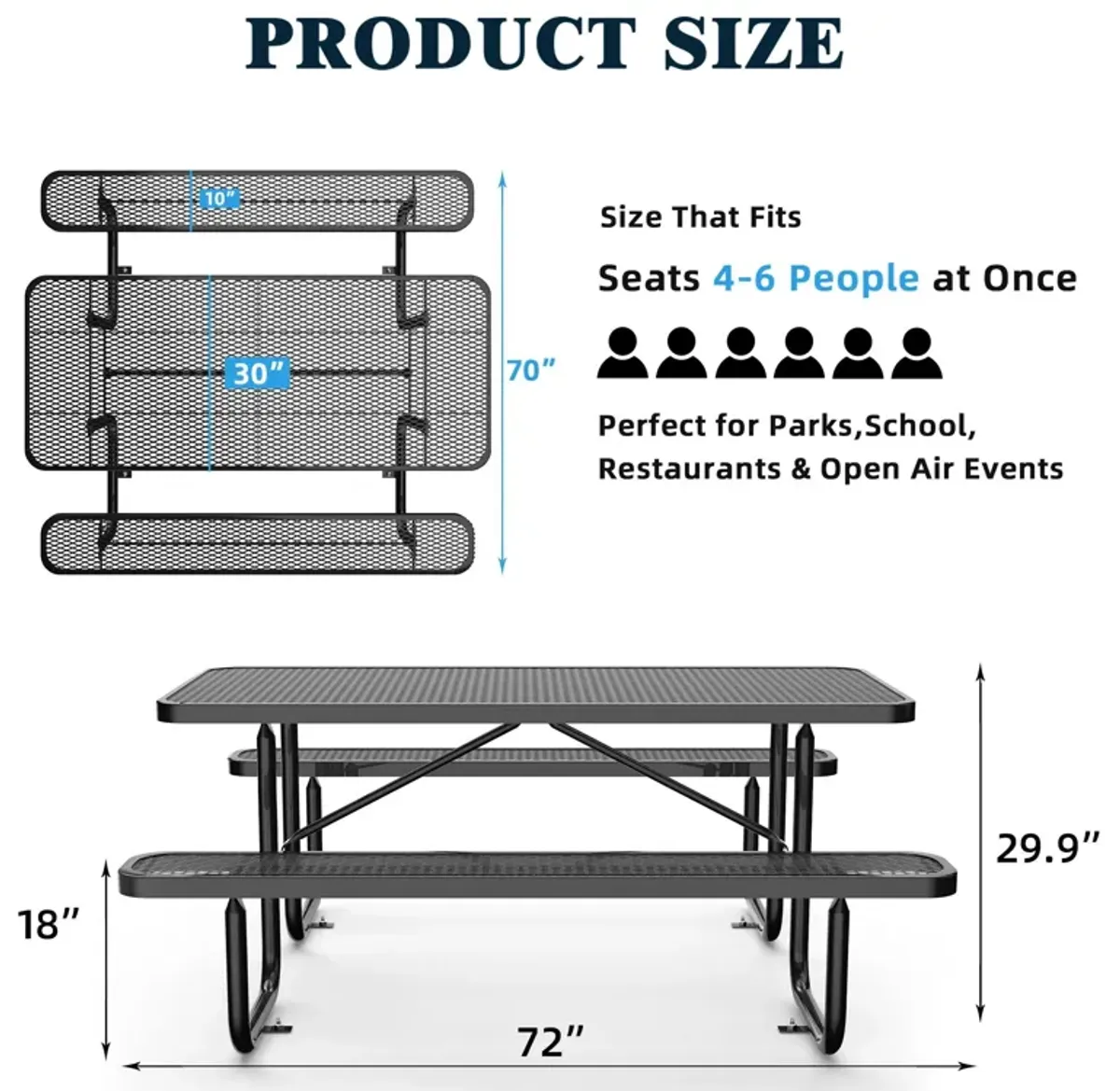 Expanded Rectangular Picnic Table - Black - Metal