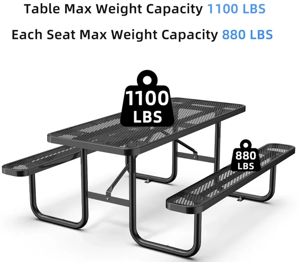 Expanded Rectangular Picnic Table - Black - Metal