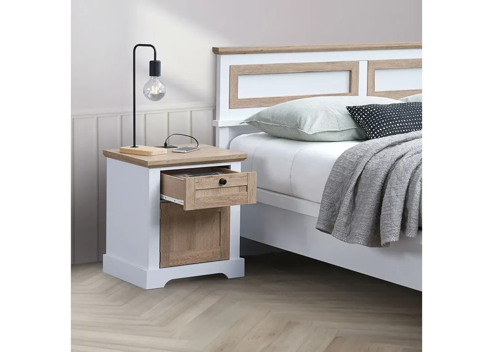 Autumn - Modern Night Stand With Charging Station With USB & Type-C, Drawer Slide Pre-Assembly, End Table With Drawers For Bedroom Living Room, Side Table For Bedroom - White Oak