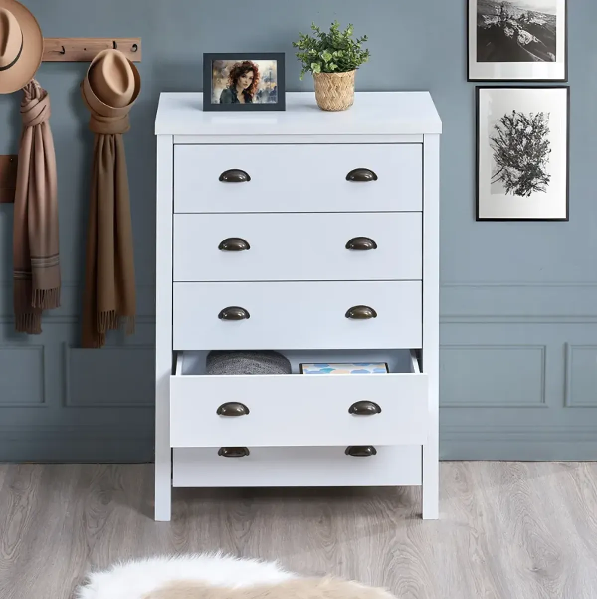 Safari - 5 Drawer Chest With Interlock Drawer Feature Drawer Slide And Interlock Pre-Assembly, Drawer Chest For Closet Tall Dressers For Bedroom Clothes Organizer Tool - Classic White