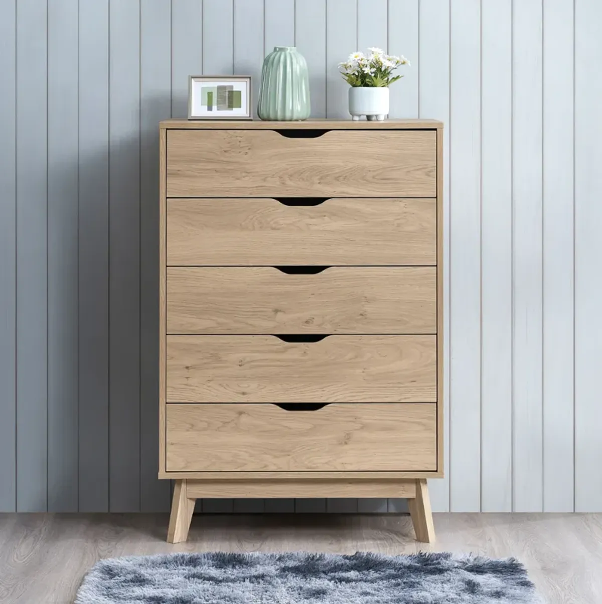 Nordica - 5 Drawer Chest With Interlock Drawer Feature Drawer Slide And Interlock Pre-Assembly, Drawer Chest For Closet Tall Dressers For Bedroom Clothes Organizer Tool - Natural Oak