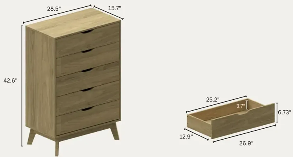 Nordica - 5 Drawer Chest With Interlock Drawer Feature Drawer Slide And Interlock Pre-Assembly, Drawer Chest For Closet Tall Dressers For Bedroom Clothes Organizer Tool - Natural Oak