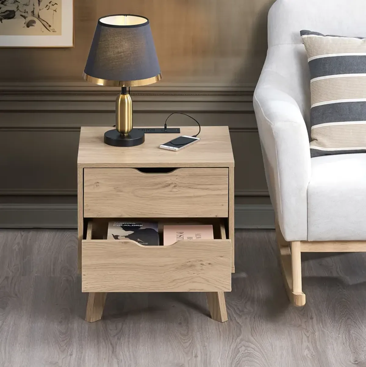 Nordica - Night Stand With Charging Station With USB & Type-C, Drawer Slide Pre-Assembly, End Table With Drawers For Bedroom Living Room, Side Table For Bedroom - Natural Oak