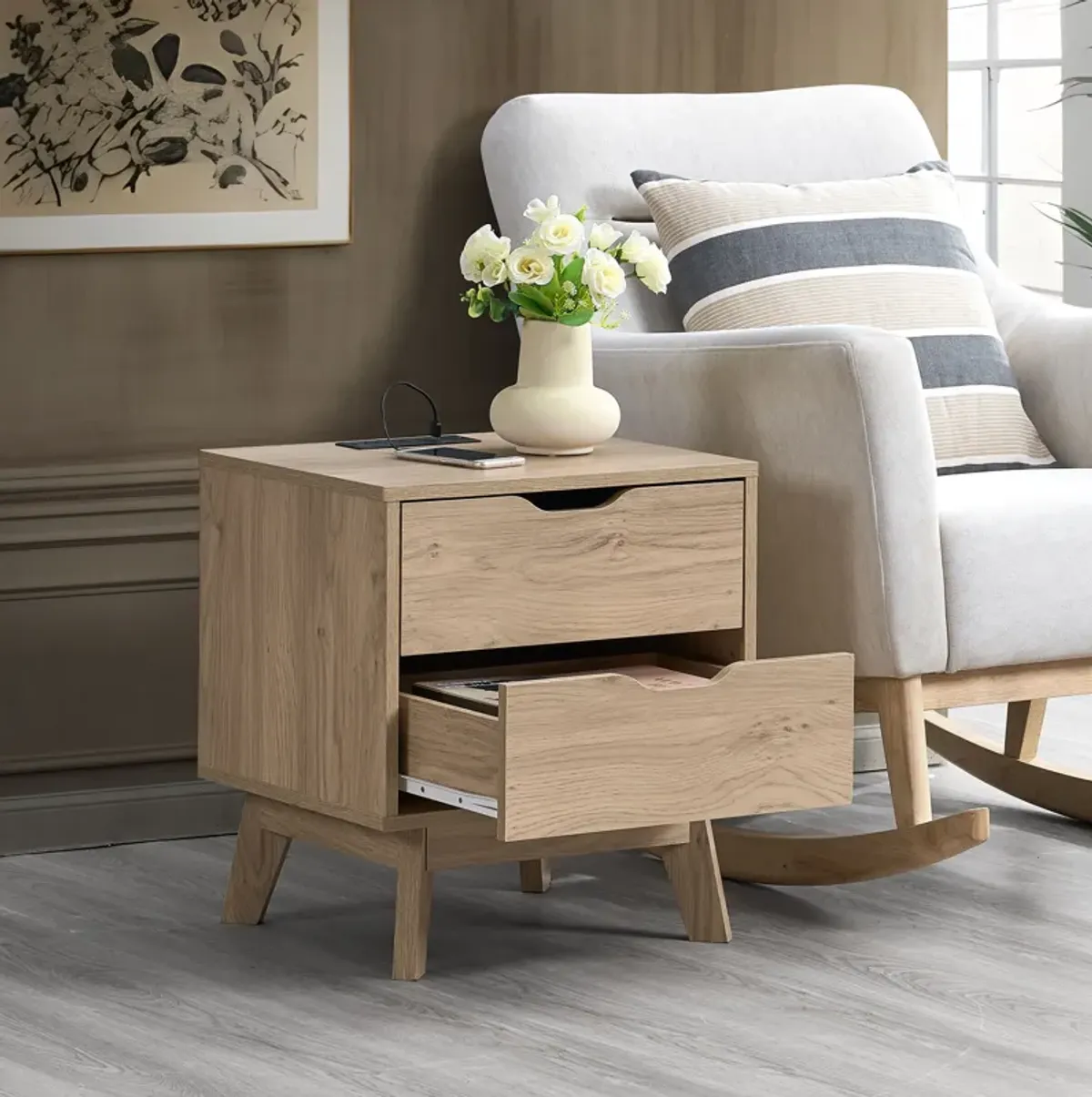 Nordica - Night Stand With Charging Station With USB & Type-C, Drawer Slide Pre-Assembly, End Table With Drawers For Bedroom Living Room, Side Table For Bedroom - Natural Oak