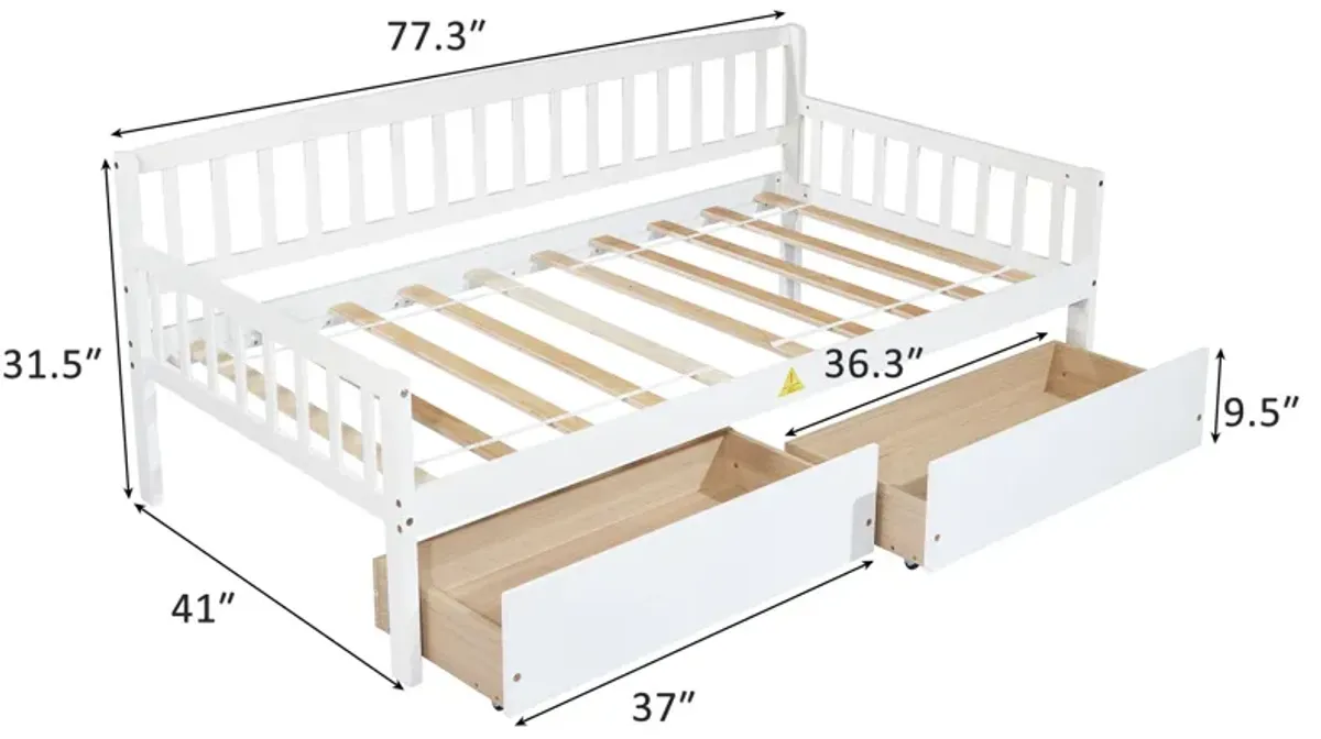 Pine Wood Daybed With Two Storage Drawers, Sofa Bed With Bed Platform Of 10 Support Slats