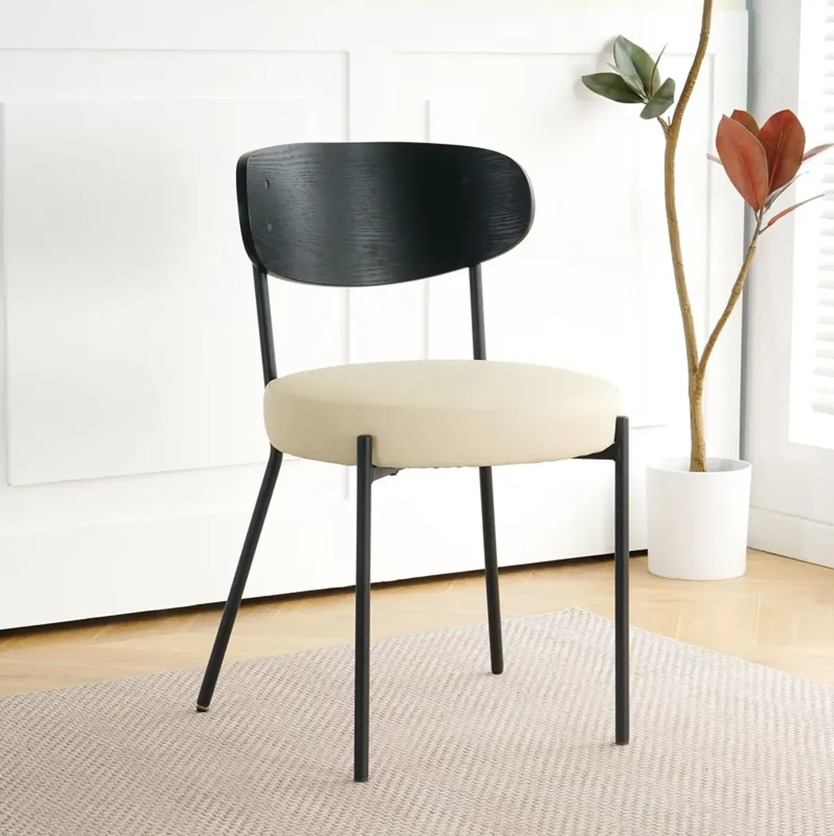 Modern Gray Simple PU Dining Chair Upholstered Chair Family Bedroom Stool Back Dressing, Black Round Table Set, Bentwood Covered With Ash Veneer Chair Back, Chair Metal Legs