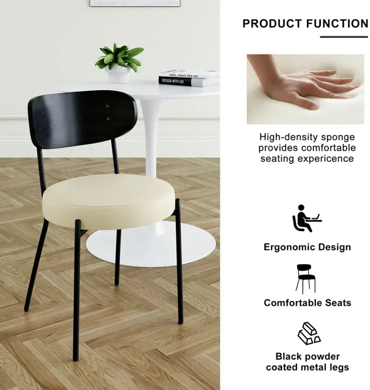 Modern Gray Simple PU Dining Chair Upholstered Chair Family Bedroom Stool Back Dressing, Black Round Table Set, Bentwood Covered With Ash Veneer Chair Back, Chair Metal Legs