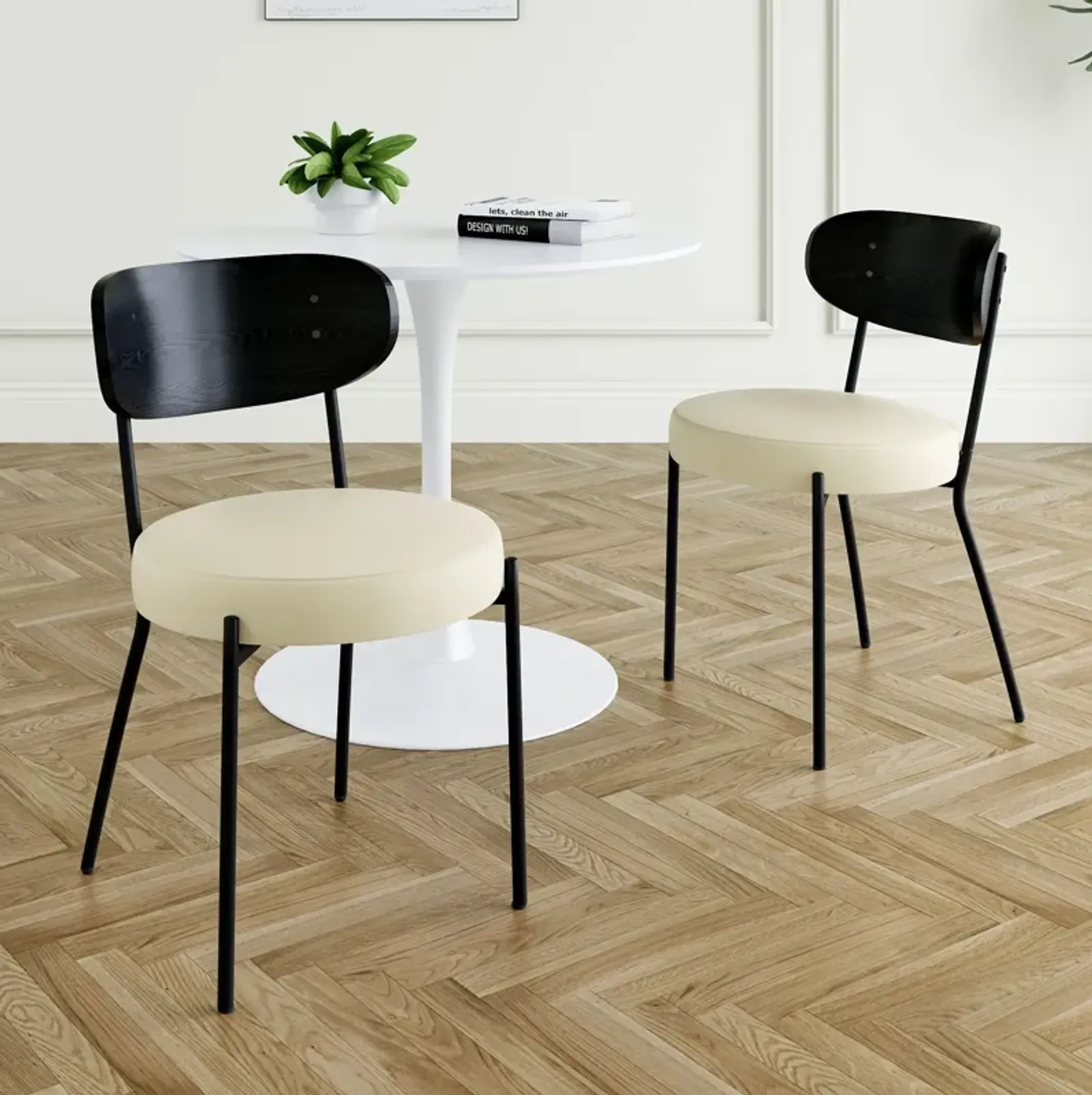 Modern Gray Simple PU Dining Chair Upholstered Chair Family Bedroom Stool Back Dressing, Black Round Table Set, Bentwood Covered With Ash Veneer Chair Back, Chair Metal Legs