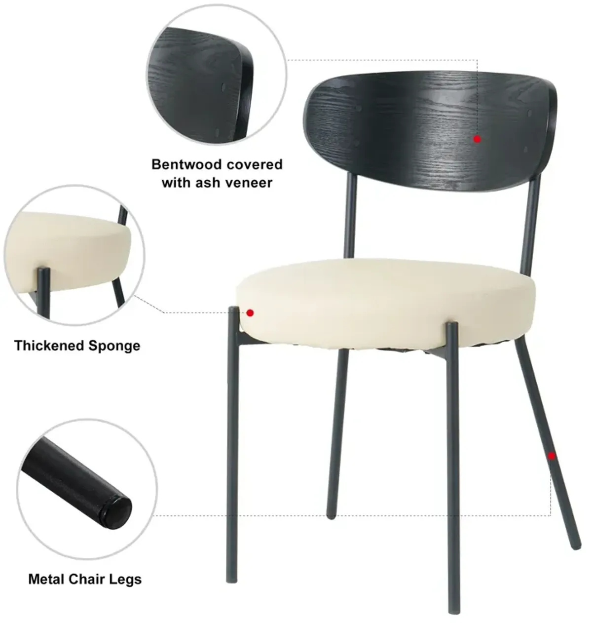 Modern Gray Simple PU Dining Chair Upholstered Chair Family Bedroom Stool Back Dressing, Black Round Table Set, Bentwood Covered With Ash Veneer Chair Back, Chair Metal Legs