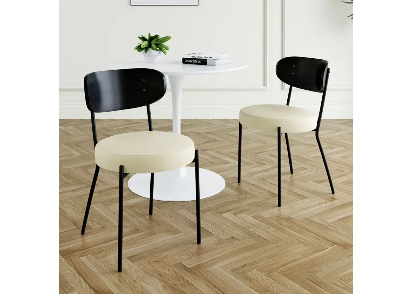 Modern Gray Simple PU Dining Chair Upholstered Chair Family Bedroom Stool Back Dressing, Black Round Table Set, Bentwood Covered With Ash Veneer Chair Back, Chair Metal Legs