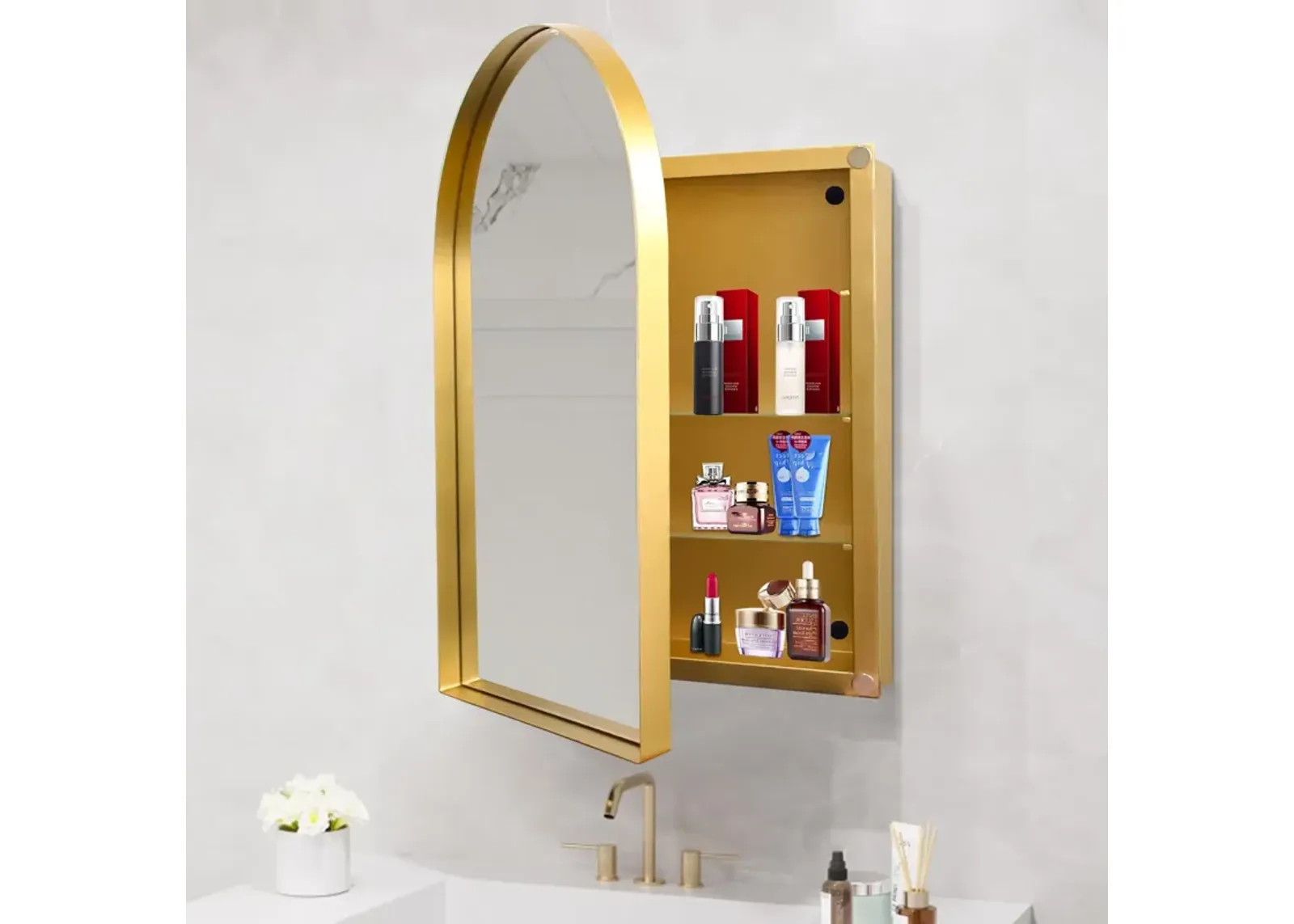 Arched Recessed Medicine Cabinet, Metal Framed Bathroom Wall Cabinet With Mirror And Adjustable Shelves, Wall Mirror With Storage For Bathroom