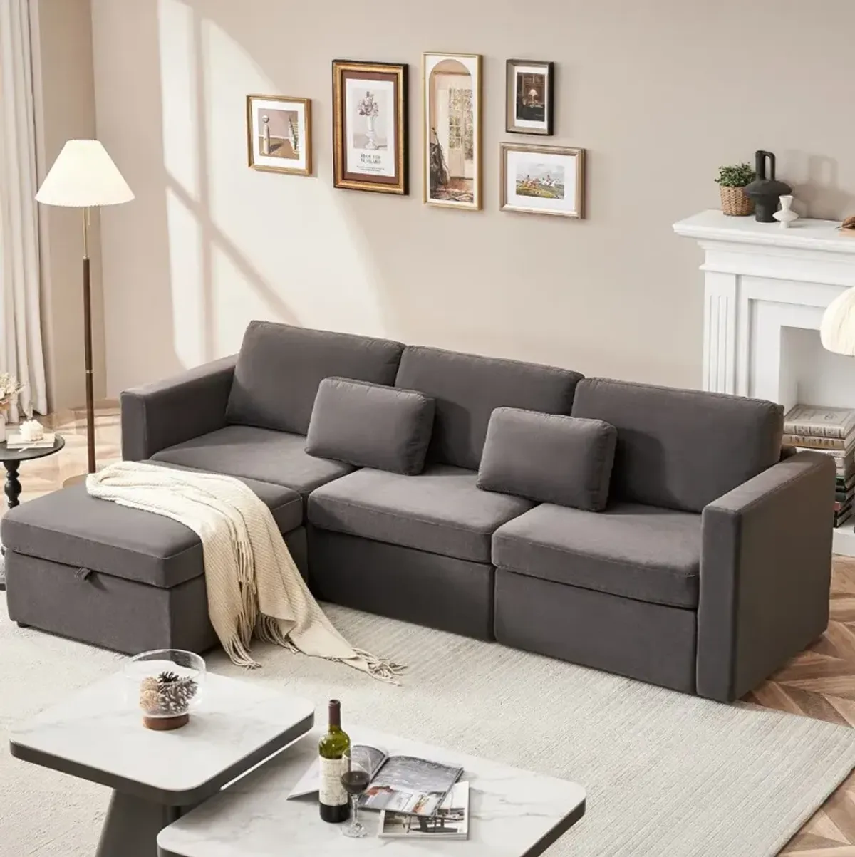 4 Seats Modern U-Shape Sectional Sofa, Oversized Upholstery Chaise Couch With Storage Ottomans For Living Room / Loft / Apartment / Office